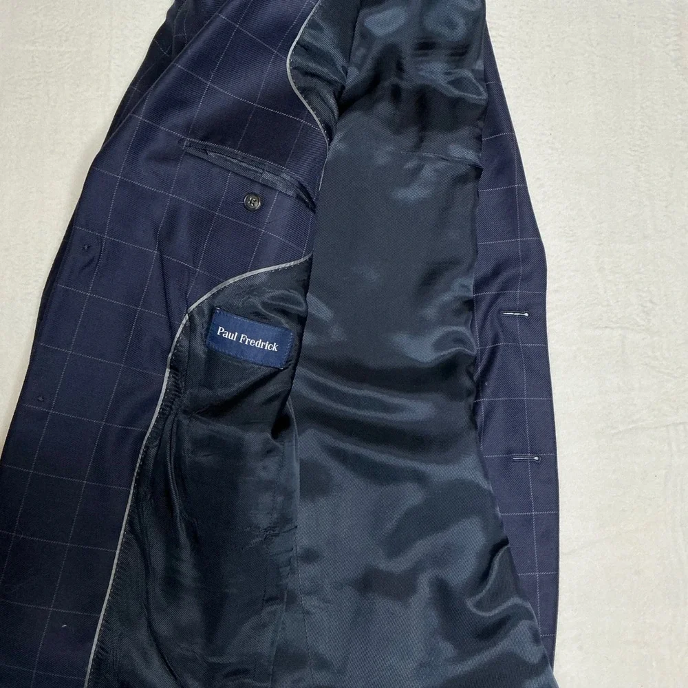 Paul Frederick Mens Navy Windowpane‎ Wool Blazer Sport Coat Size 38R